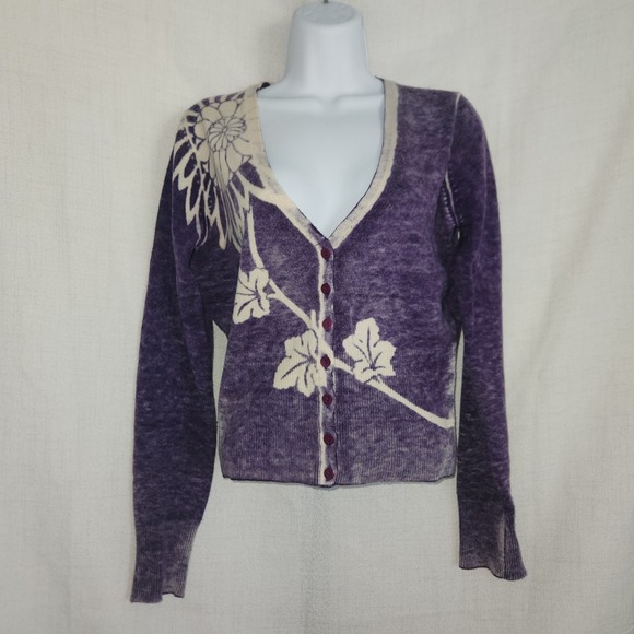 Lucky Brand Sweaters - Vintage Lucky Brand Purple Flower Wool Blend Cardigan Sweater Sz Medium